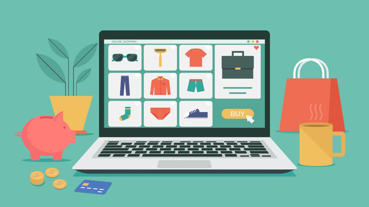 Illustration of retail media advertising on an online shopping or digital store, displaying products with icons and goods on a laptop computer