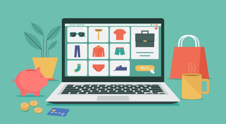 Illustration of retail media advertising on an online shopping or digital store, displaying products with icons and goods on a laptop computer