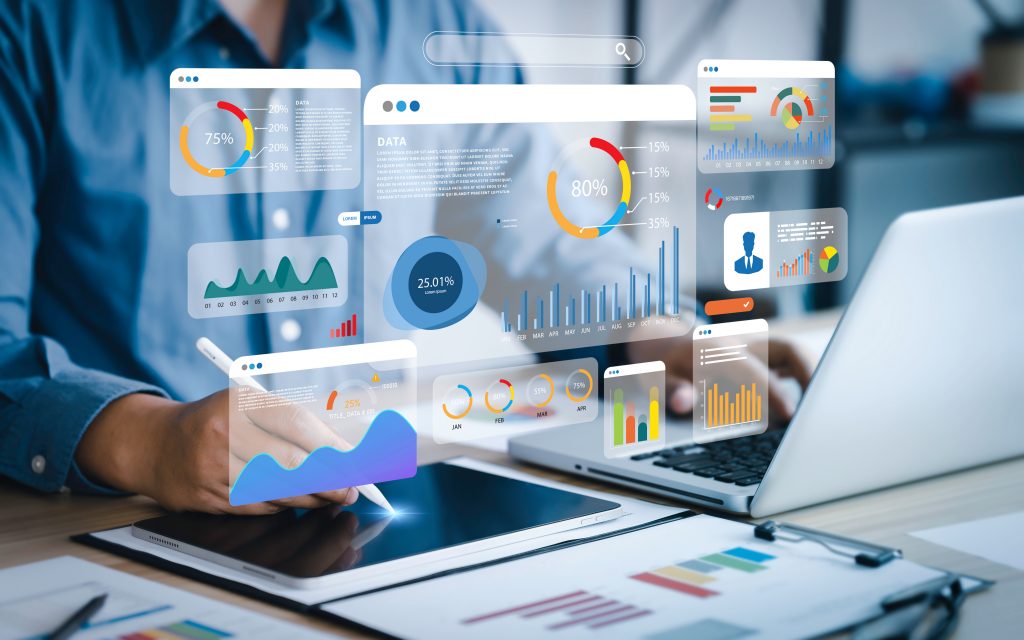 Dashboard for data business analysis and Data Management System with KPI and metrics connected to the database for marketing